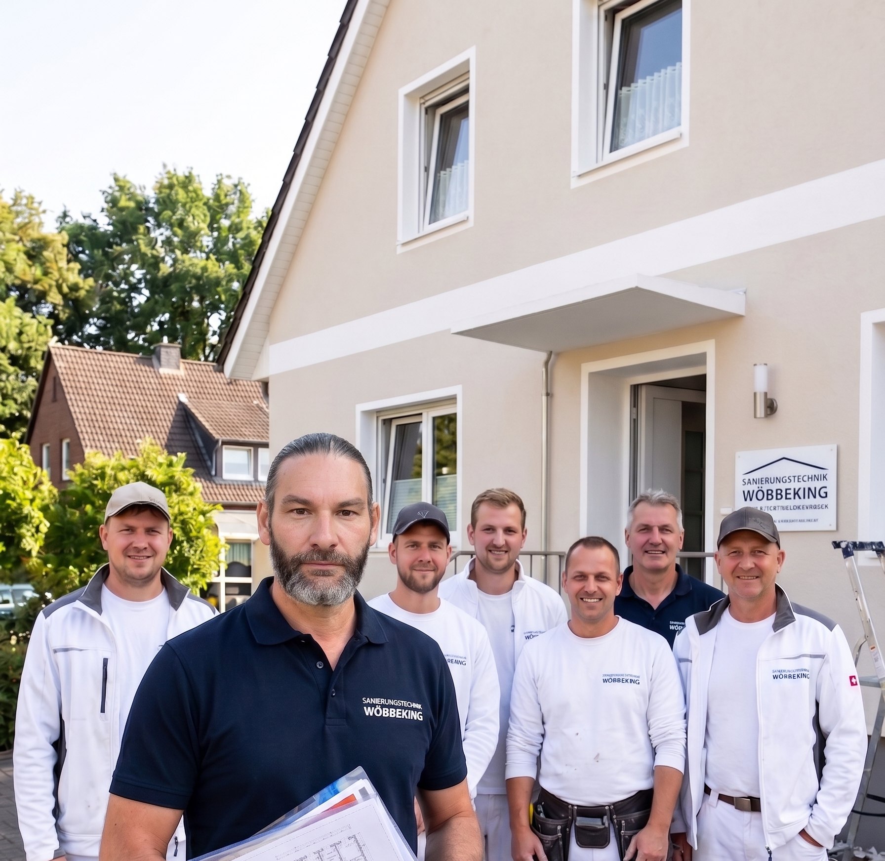 Team von Sanierungstechnik Wöbbeking vor einem Wohnhaus